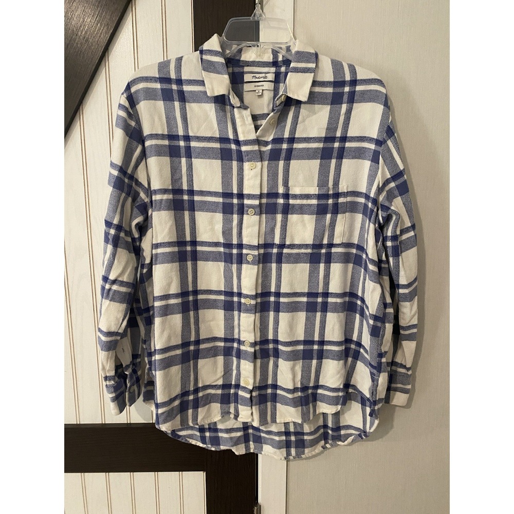 Madewell Womens Medium Plaid Oversized Flannel Ex Boyfriend Button Up Blue